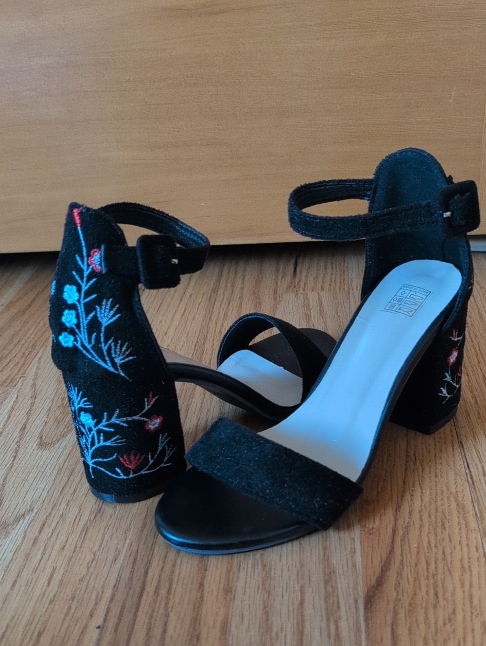 Black Embroidered Block Heel Sandals with Ankle Strap